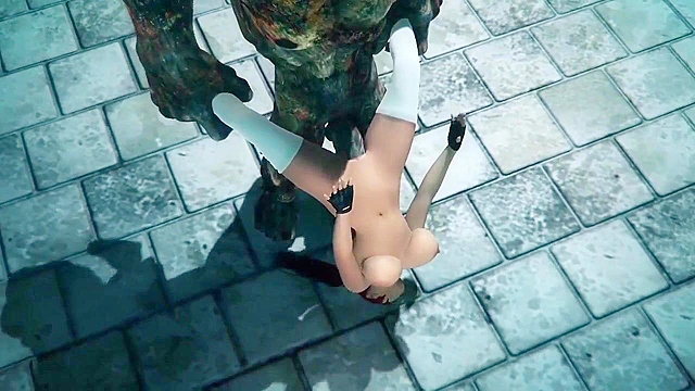 Giant scary monster rubs the boobs and lick the pussy of a hot redhead girl