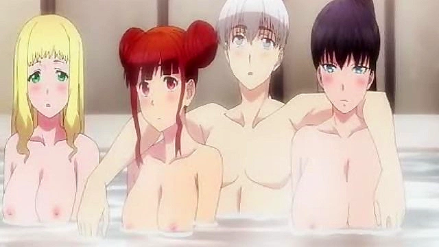 World's Ends Harem 9 - ecchi anime - Three anime girls use their boobs to shower guy