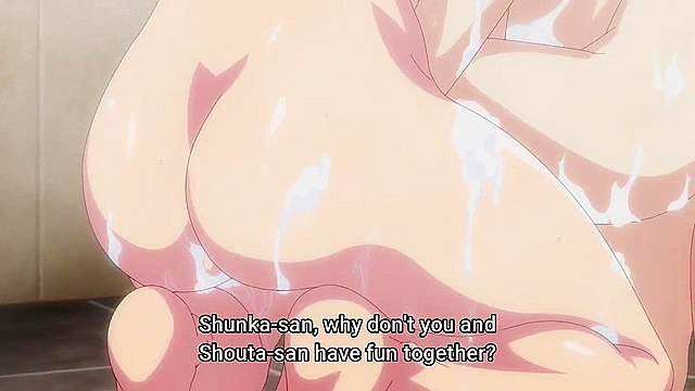 World's Ends Harem 9 - ecchi anime - Three anime girls use their boobs to shower guy