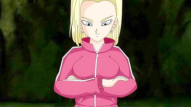 Android 18 rides Krillin's cock until he cums inside her bald pussy