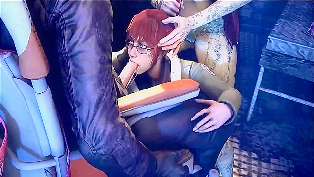 Catwoman and Harley Quinn give a tag team blowjob