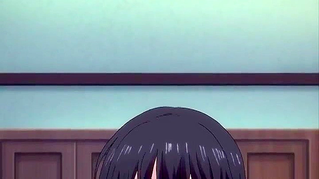 Sexy anime schoolgirl with big boobs gives a footjob to a horny student