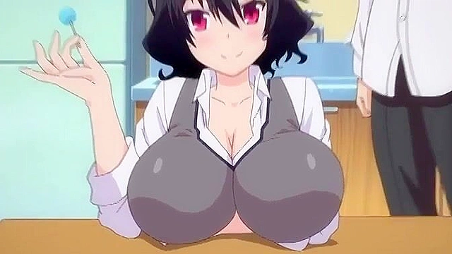 Sexy anime schoolgirl with big boobs gives a footjob to a horny student