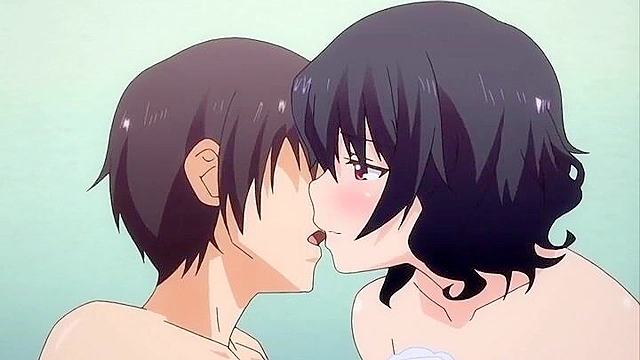 Sexy anime schoolgirl with big boobs gives a footjob to a horny student