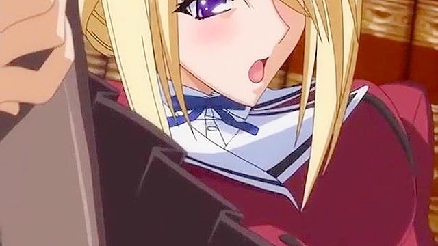 Busty anime blonde gets her wet pussy pounded in the school library
