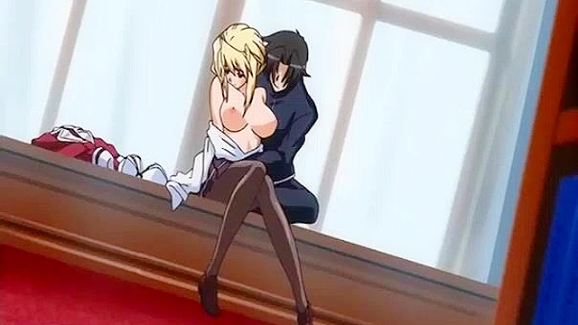 Busty anime blonde gets her wet pussy pounded in the school library