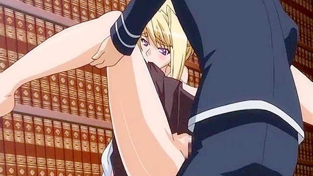 Busty anime blonde gets her wet pussy pounded in the school library
