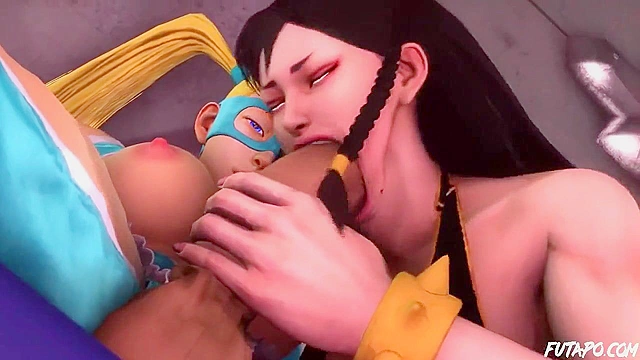 Chun li sucks on a wrestling girls huge futa cock in 3d hentai fuck