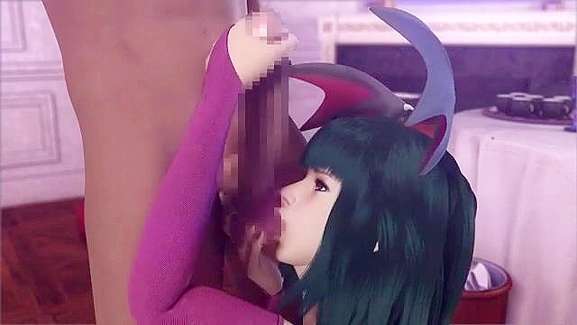 Sexy succubus gives a blowjob then has a dirty threesome with friend