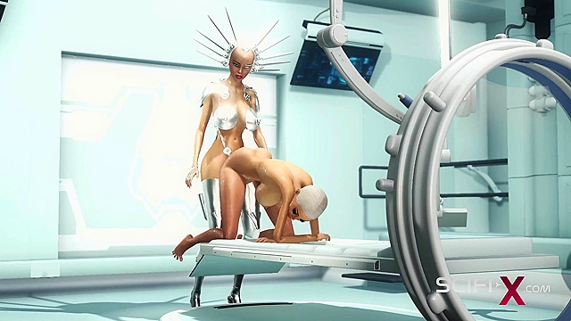 Sex android futanari fucks a sexy blonde in the sci-fi med bay