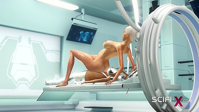 Sex android futanari fucks a sexy blonde in the sci-fi med bay