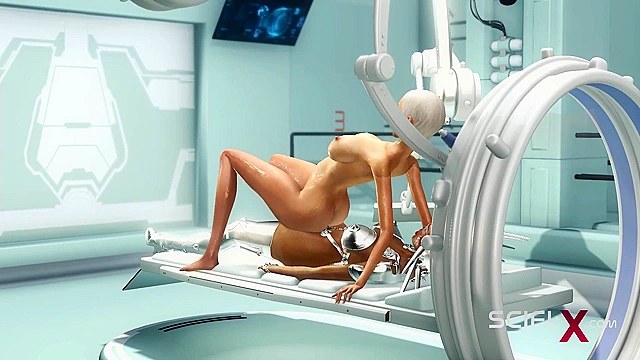 Sex android futanari fucks a sexy blonde in the sci-fi med bay