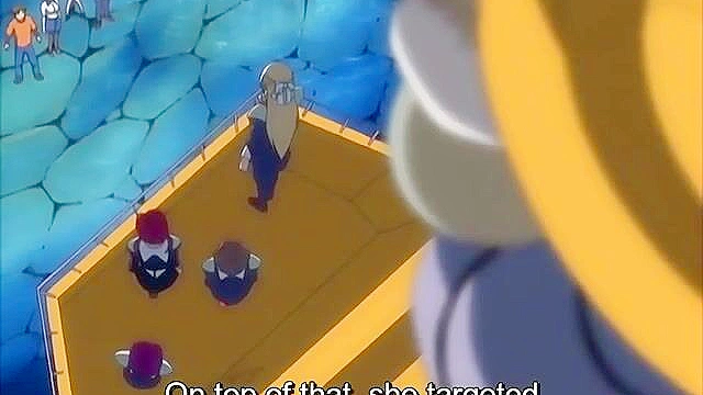 Busty blonde uses a double ended dildo on her anime schoolgirl slave