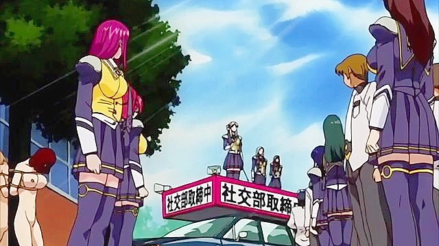 Busty blonde uses a double ended dildo on her anime schoolgirl slave