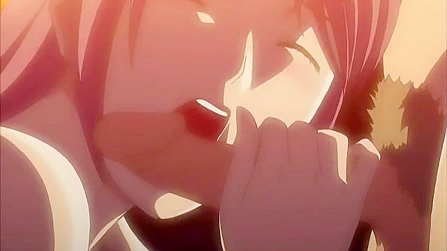 Busty blonde uses a double ended dildo on her anime schoolgirl slave