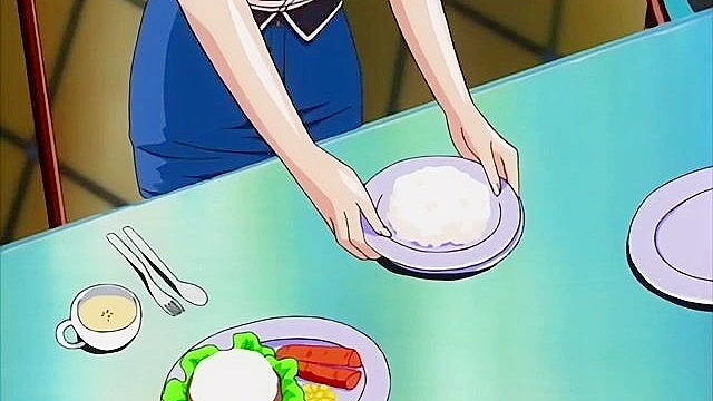 Busty blonde uses a double ended dildo on her anime schoolgirl slave