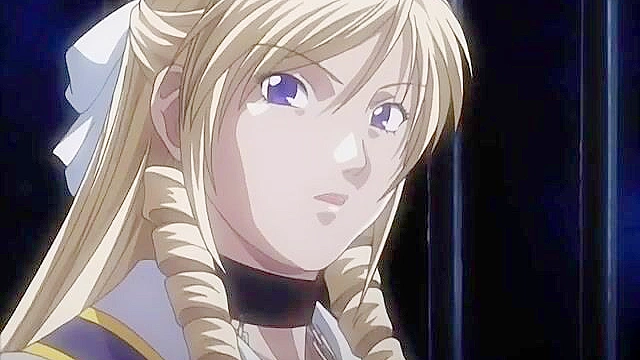 Busty blonde uses a double ended dildo on her anime schoolgirl slave