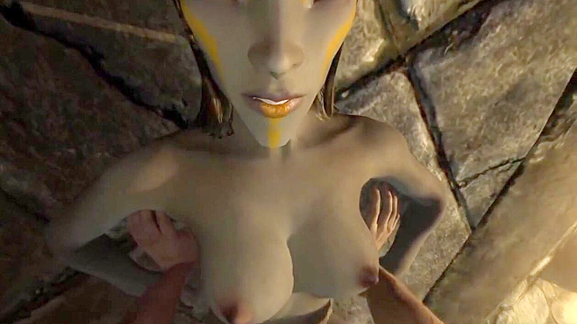 Sexy skyrim elf babe blows a meaty cock next to a fire while her boobs bounces
