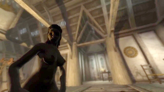Sexy skyrim elf babe blows a meaty cock next to a fire while her boobs bounces