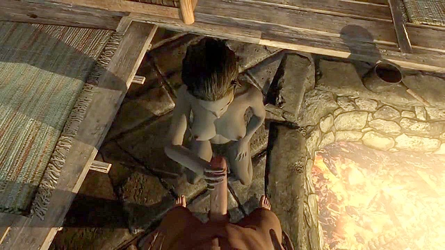 Sexy skyrim elf babe blows a meaty cock next to a fire while her boobs bounces