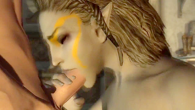 Sexy skyrim elf babe blows a meaty cock next to a fire while her boobs bounces