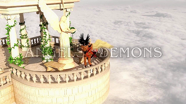 Blonde futanari angel and black demon having a heavenly sky fuck