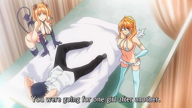 Master Piece 2 - Busty anime schoolgirls dressed as angel and devil give double blowjob