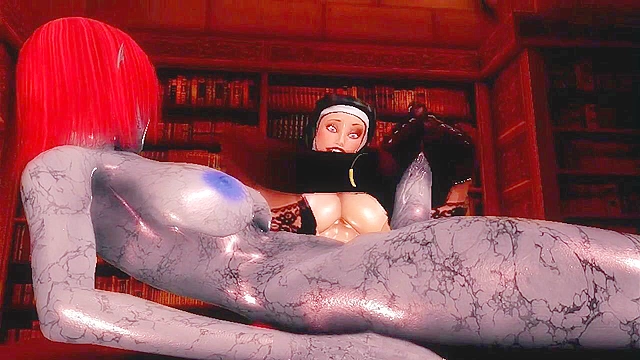 Nasty nun uses her hands and feet to satisfy a demon's futa cock