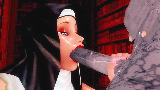 Nasty nun uses her hands and feet to satisfy a demon's futa cock