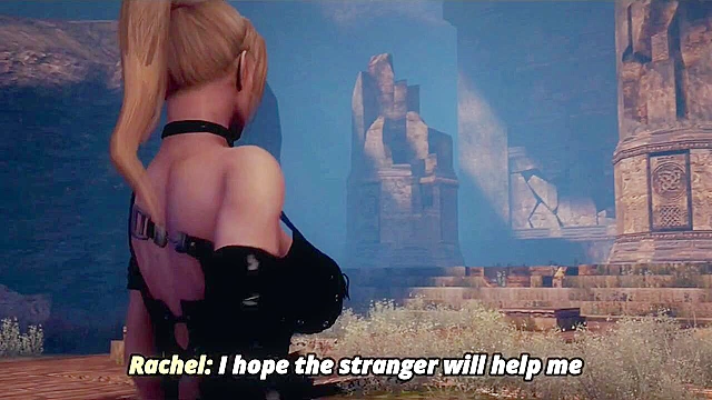 Busty 3d blonde slut gets on her knees and sucks on a throbbing monster cock