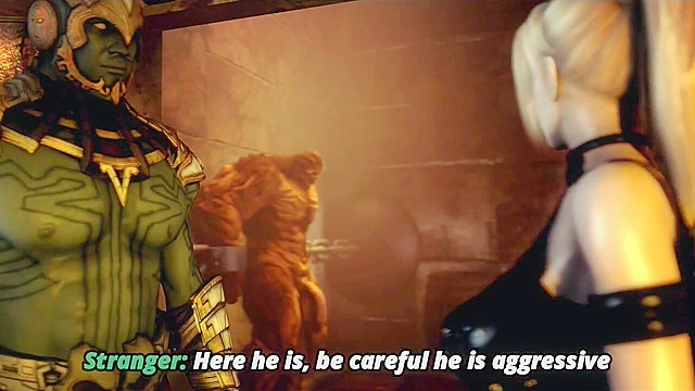 Busty 3d blonde slut gets on her knees and sucks on a throbbing monster cock