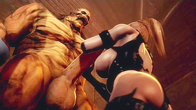 Busty 3d blonde slut gets on her knees and sucks on a throbbing monster cock