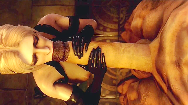 Busty 3d blonde slut gets on her knees and sucks on a throbbing monster cock