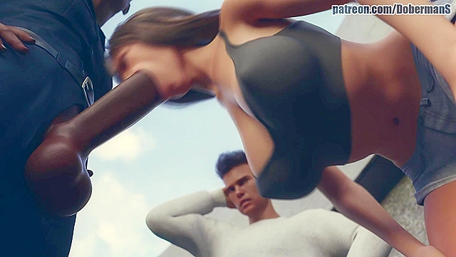3D Girlfriend Fucks Big Black Cock Officer In Front Of BF