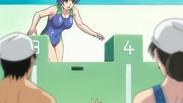 Muscled swimmer gets a handjob from a horny anime teen when she sees his boner