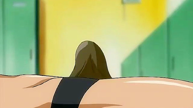 Muscled swimmer gets a handjob from a horny anime teen when she sees his boner