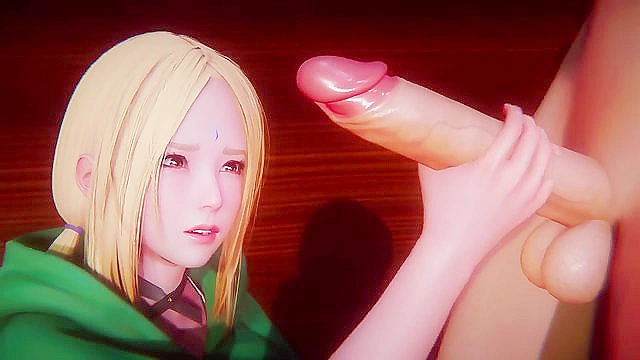Busty Tsunade gets on her knees and sucks a big cock