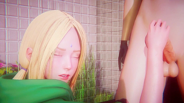 Busty Tsunade gets on her knees and sucks a big cock