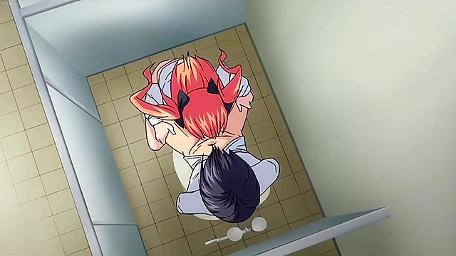 Redhead anime schoolgirl sucks a student's dick in the school bathroom