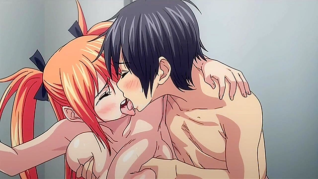 Redhead anime schoolgirl sucks a student's dick in the school bathroom