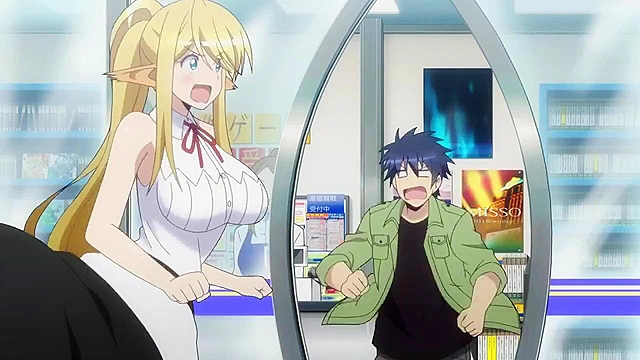 Dude hangs on to a pair of giant boobs while monsters fight