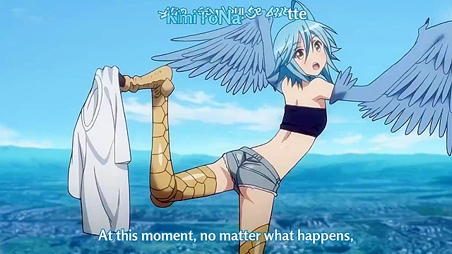 Dude hangs on to a pair of giant boobs while monsters fight