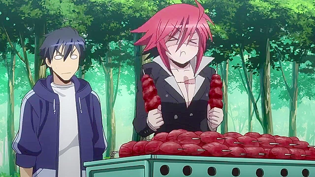 Dude hangs on to a pair of giant boobs while monsters fight