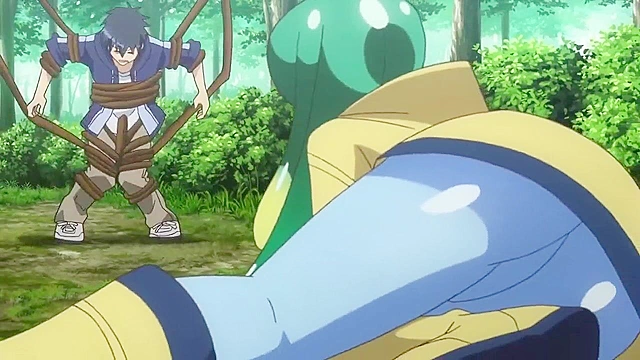 Dude hangs on to a pair of giant boobs while monsters fight