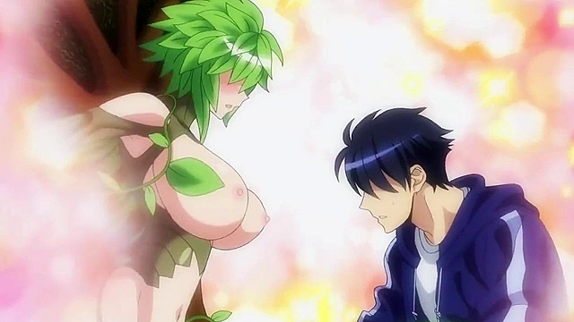 Dude hangs on to a pair of giant boobs while monsters fight