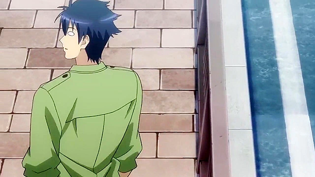 Dude hangs on to a pair of giant boobs while monsters fight