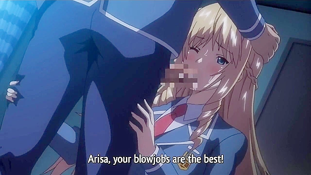 Two anime schoolgirls with huge tits give a double blowjob with facial