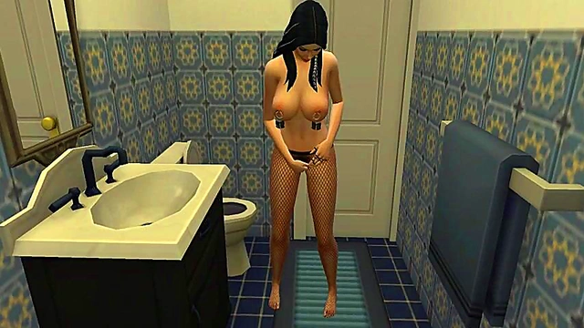 Nazella Mortiz Teases With Nipple Pasties in Bathroom 3D Hentai Porn Game