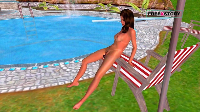 Cute 3D Anime Girl Masturbates With Bottle Near Swimming Pool
