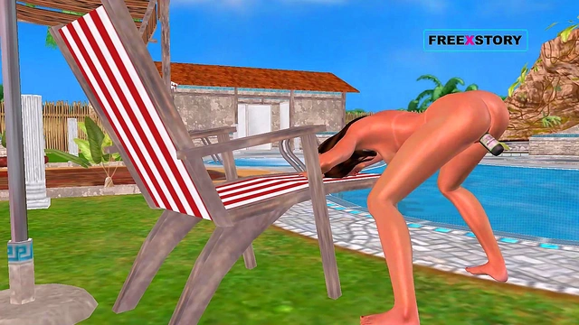Cute 3D Anime Girl Masturbates With Bottle In Doggy Style Near Pool
